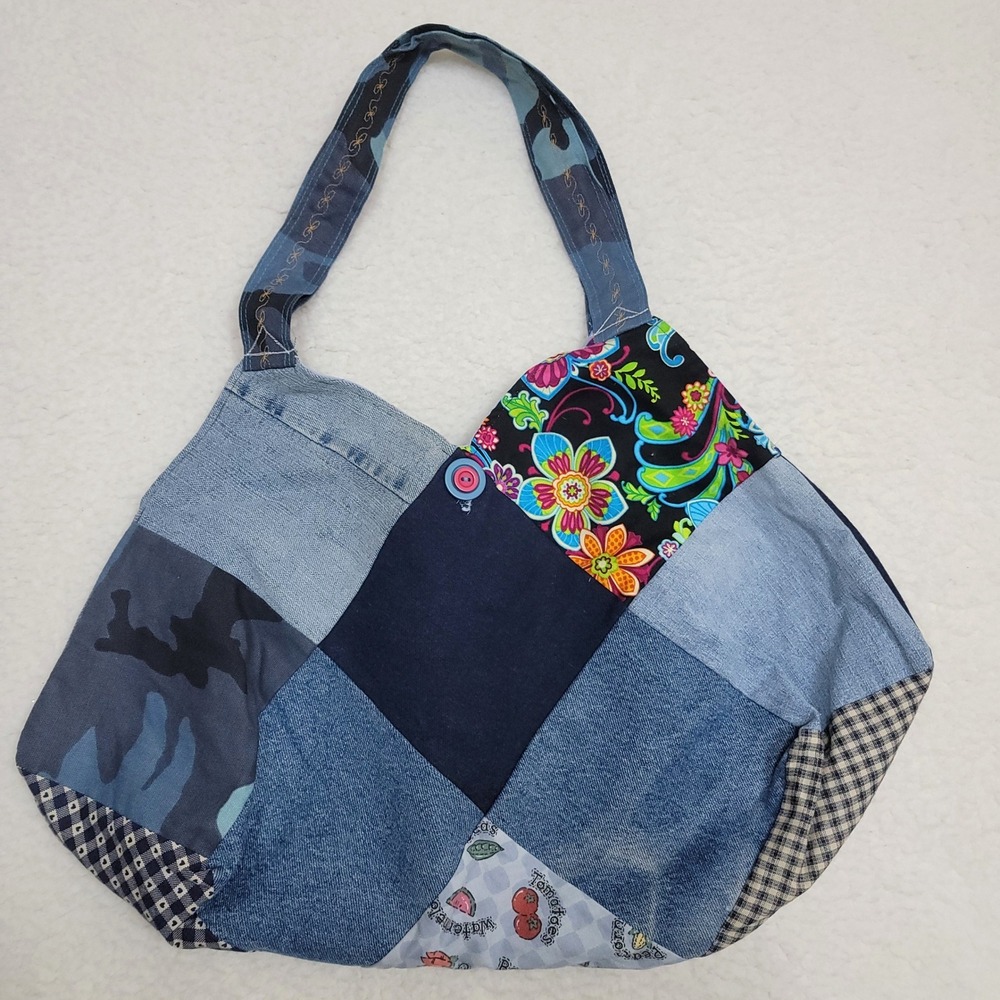 Handmade Patchwork Denim Hobo Bag Womens Large Blue Multi Upcycled Boho Tote - Picture 2 of 6